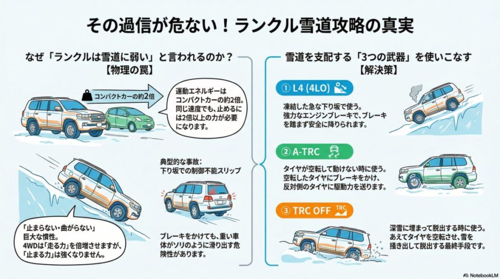 図解『ランクル雪道弱い説の真実とは？走破性の限界と4LO・A-TRCの正しい使い方』