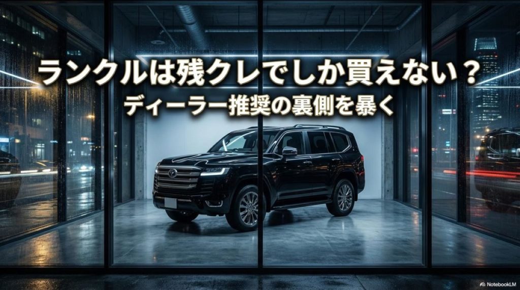 夜のショールームに展示されたランドクルーザー300。この記事のテーマである「ランクル 残クレでしか買えない」説の真相とディーラーの販売戦略を象徴する一枚。