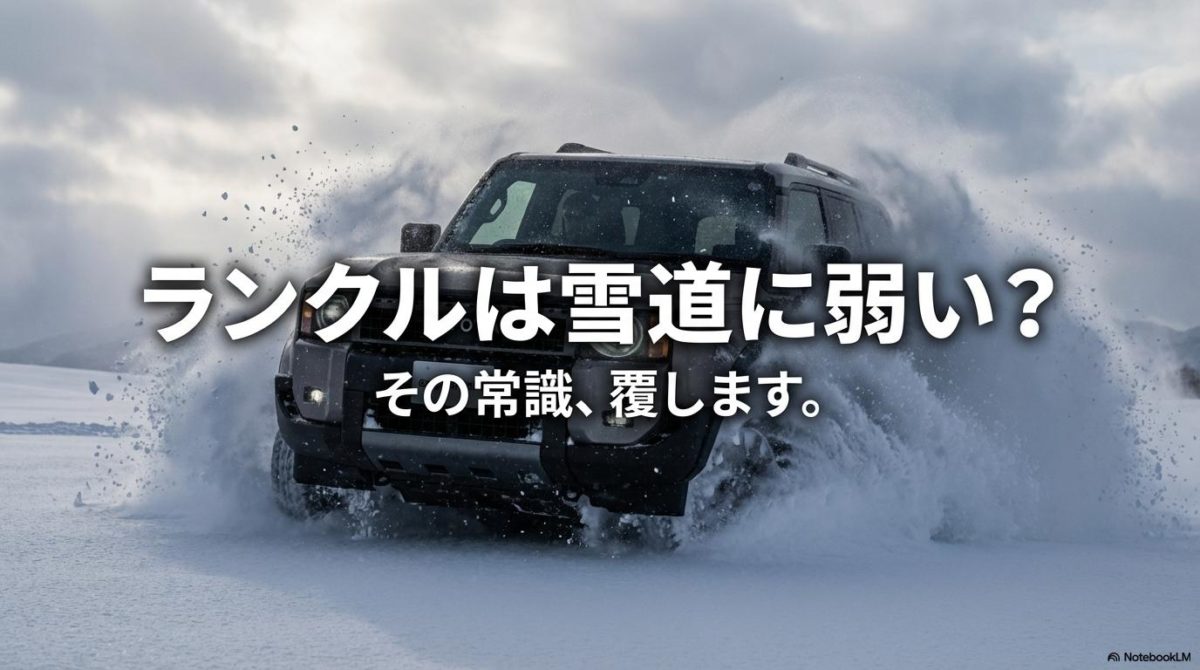 深い新雪を力強く掻き分けて進むランドクルーザー250。この記事のテーマである「ランクル 雪道 弱い」という説を覆す、4LOとA-TRCによる圧倒的な走破性を象徴する一枚。