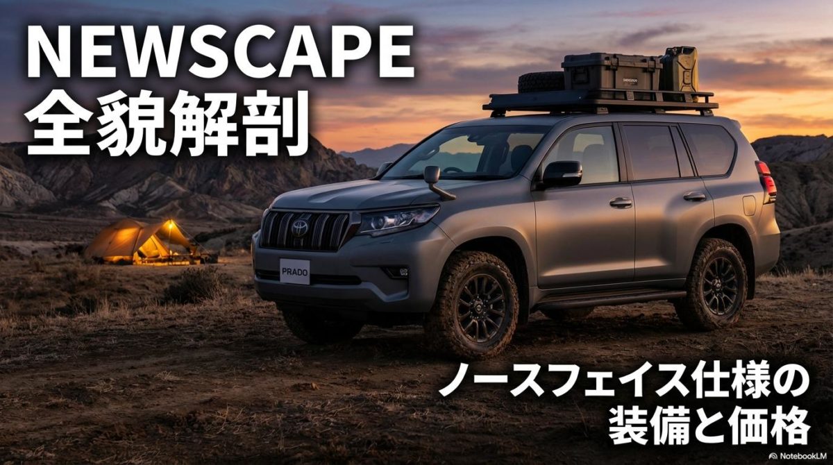 夕暮れの荒野に佇む、ルーフラック等のオーバーランド装備を満載したランドクルーザープラド NEWSCAPE。この記事のテーマである「ランドクルーザー プラド ノースフェイス」仕様の冒険心と機能美を象徴する一枚。