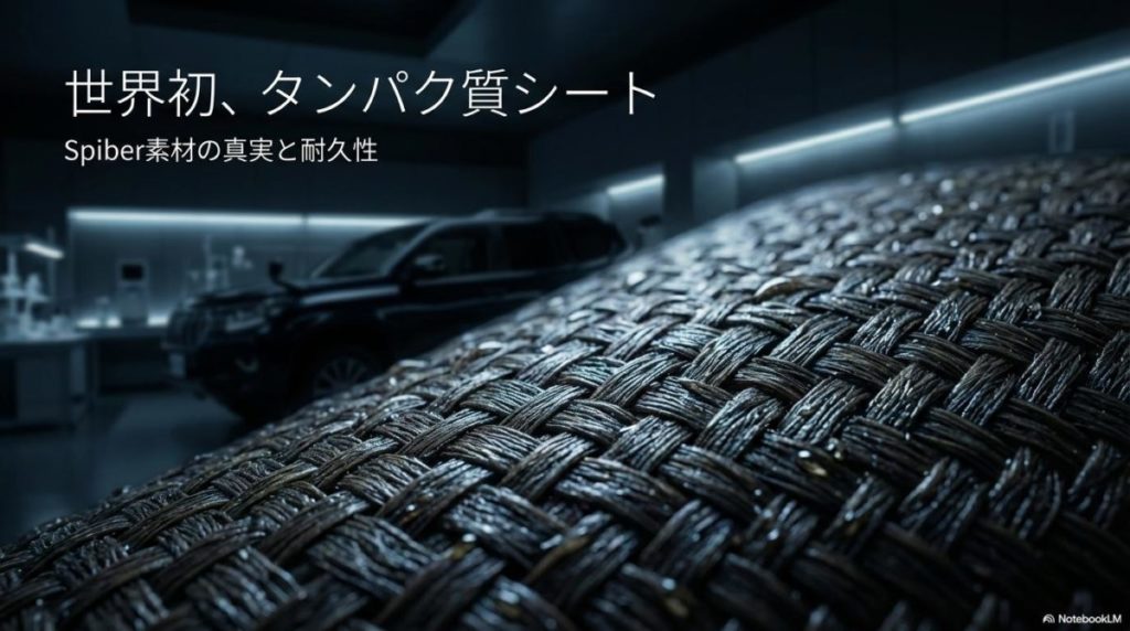 世界初採用のBrewed Proteinシートの繊維質感をクローズアップした画像。この記事のテーマである「ランドクルーザー プラド ノースフェイス」に搭載された新素材の革新性と上質さを表現した一枚。