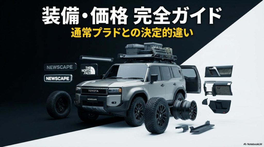 ランドクルーザープラド NEWSCAPEの専用装備をカタログのように展開して見せる3Dグラフィック。この記事のテーマである「ランドクルーザー プラド ノースフェイス」のスペック詳細と通常モデルとの違いを視覚的に解説した一枚。