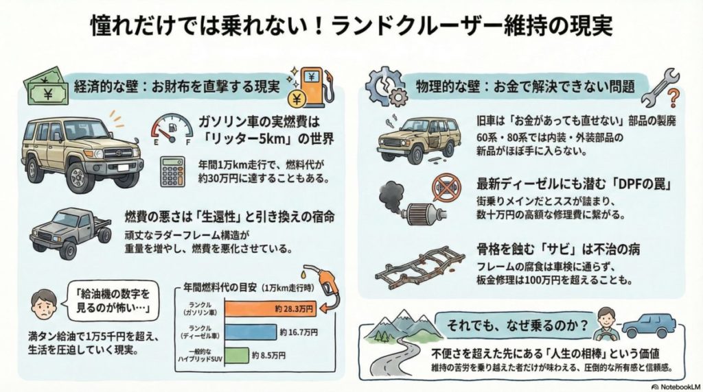 図解『ランクルを維持できないと後悔する前に｜燃費の現実と旧車故障のリスク』