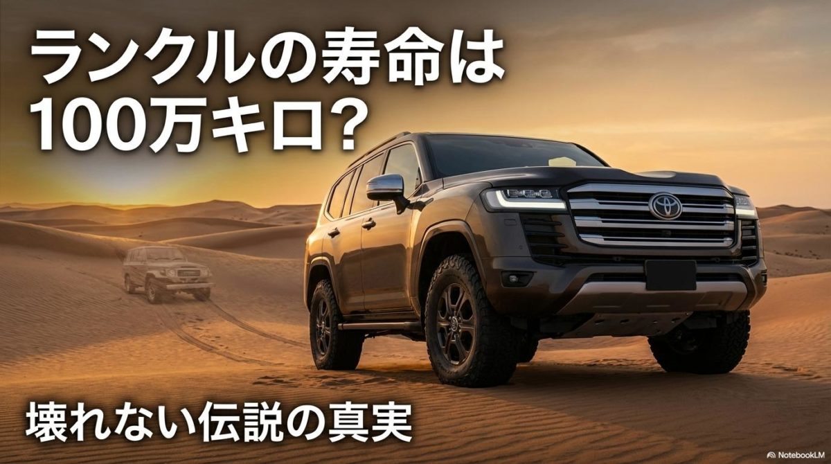 砂漠の夕陽に照らされた新型ランドクルーザー300。この記事のテーマである「ランクル 100万キロ」という伝説の真実と耐久性を象徴する一枚。