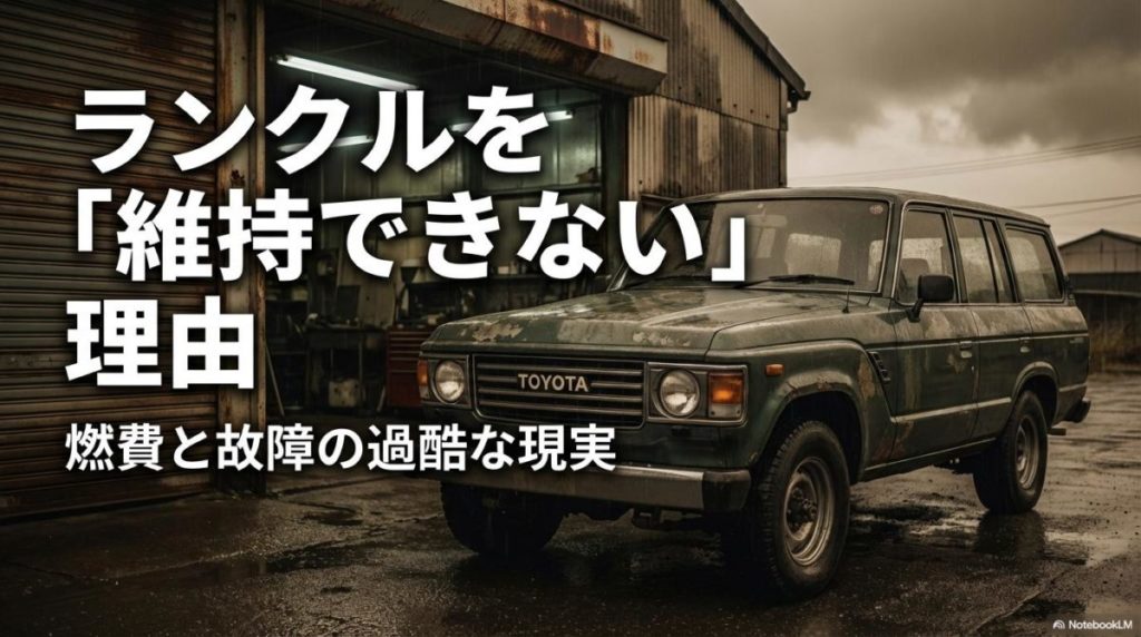 整備工場の前に停まる古いランドクルーザー60。この記事のテーマである「ランクル 維持できない」原因となる燃費や故障のリスクを象徴する、現実味のある一枚。