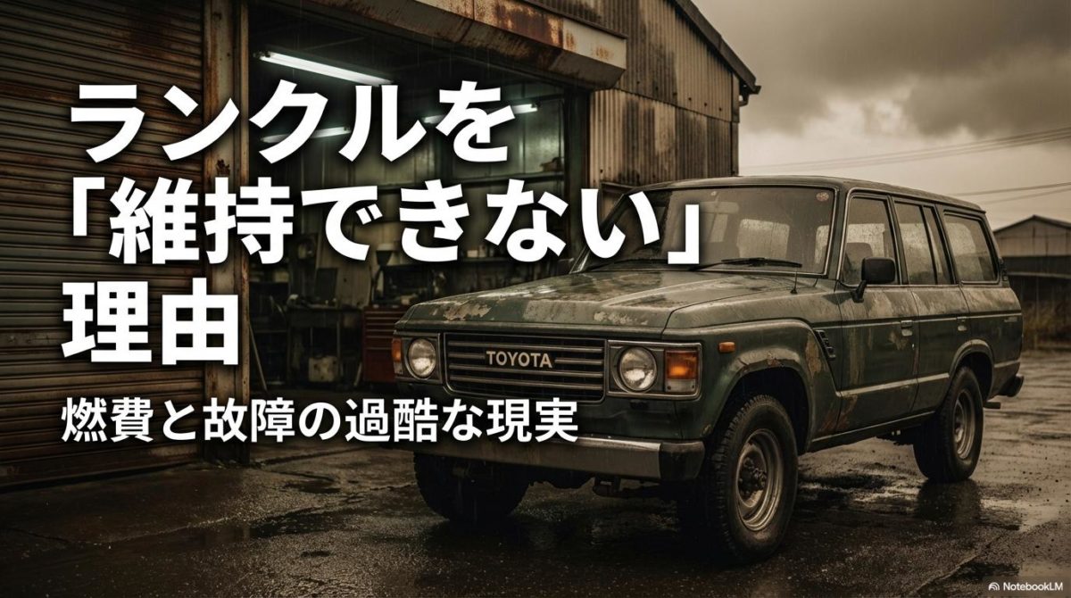 整備工場の前に停まる古いランドクルーザー60。この記事のテーマである「ランクル 維持できない」原因となる燃費や故障のリスクを象徴する、現実味のある一枚。