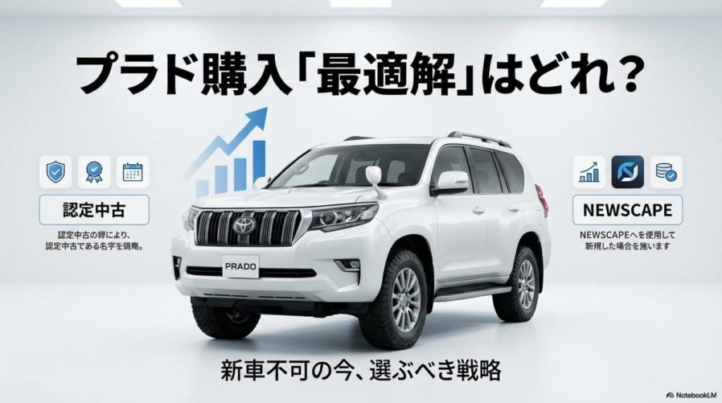 明るいスタジオで選択肢を提示するような構成のランドクルーザープラド。この記事のテーマである「ランドクルーザー プラド 新車 買えない」状況における、具体的で論理的な入手戦略を表現した一枚。