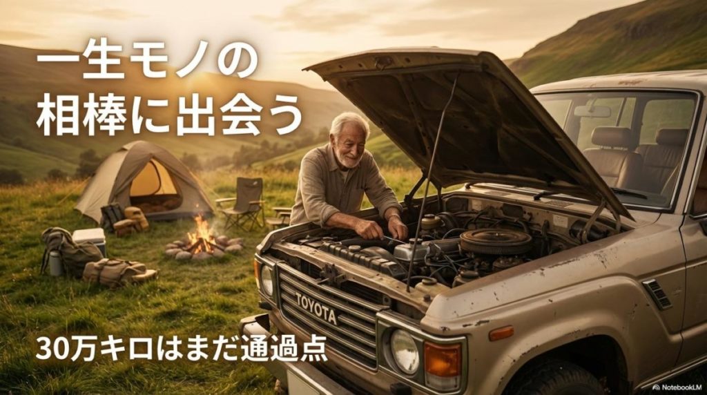 大切に維持されたクラシックなランドクルーザー60とオーナー。この記事のテーマである「ランクル 100万キロ」走行を可能にする愛着と整備を象徴する一枚。