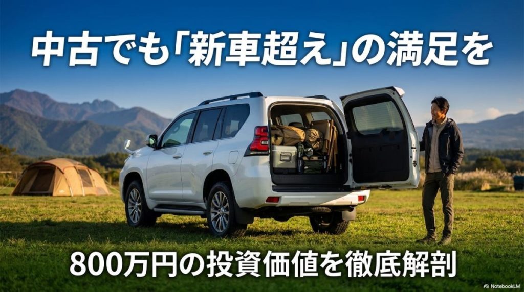 青空の下、キャンプ場で輝くランドクルーザープラド NEWSCAPE。この記事のテーマである「ランドクルーザー プラド 新車 買えない」壁を乗り越え、納得の一台を手に入れた後の満足感を表現した一枚。