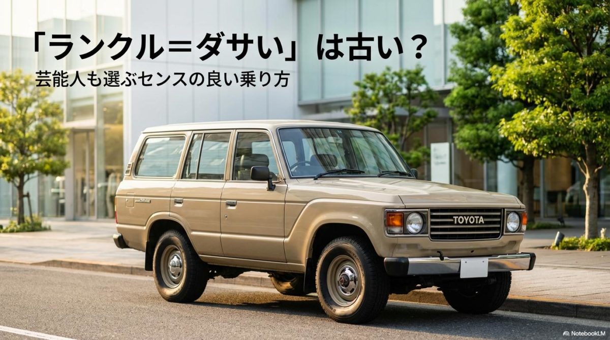 都会の洗練された街並みに佇む、ベージュカラーのランドクルーザー60。この記事のテーマである「ダサくない、センスの良いランクル」を象徴する一枚。