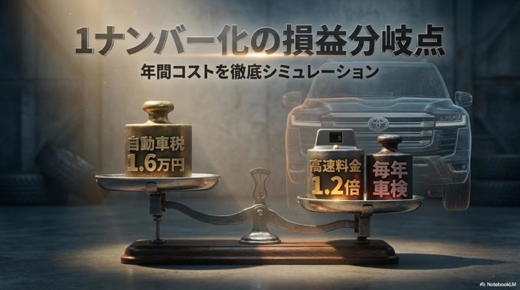 1ナンバー化のメリットとデメリットを天秤にかけたインフォグラフィック。この記事のテーマである「ランクル 1 ナンバー 車検 費用」と節税効果のバランスを可視化した一枚。