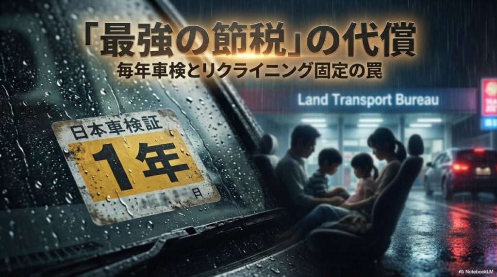 1年車検のステッカーと窮屈な後席のイメージ。この記事のテーマである「ランクル 1 ナンバー」化によって失われる快適性と、運用の手間を象徴する一枚。