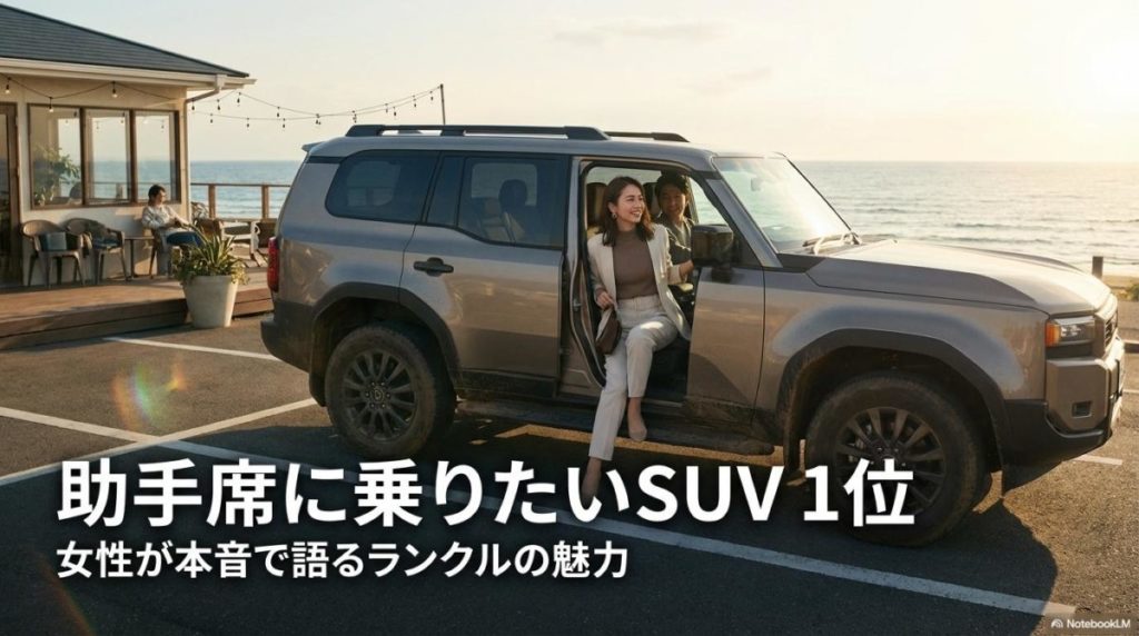 ランドクルーザープラドでドライブを楽しむカップルの様子。この記事のテーマである「女性ウケの良さとライフスタイルの豊かさ」を象徴する一枚。