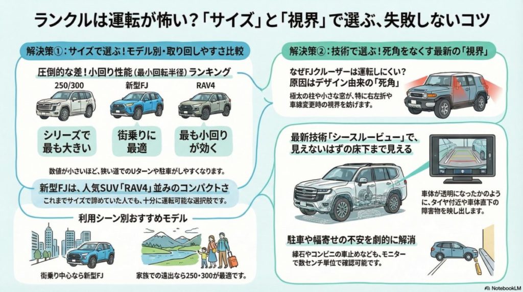 図解『ランクルFJは運転しにくい？歴代モデルとのサイズ比較と「視界」で選ぶ失敗しないコツ』