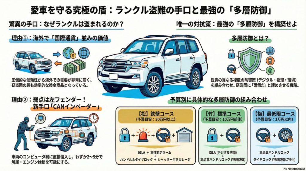 図解『【ランクル盗難の真実】なぜこれほど狙われる？CANインベーダーの手口と愛車を守る最強の「多層防御」』