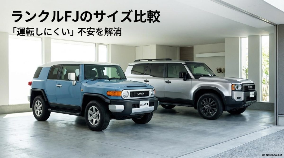 モダンなガレージに並ぶ新型ランクルFJとランクル250。この記事のテーマである「ランクル FJ サイズ 比較」を視覚的に分かりやすく示した、サイズ感の違いを象徴する一枚。