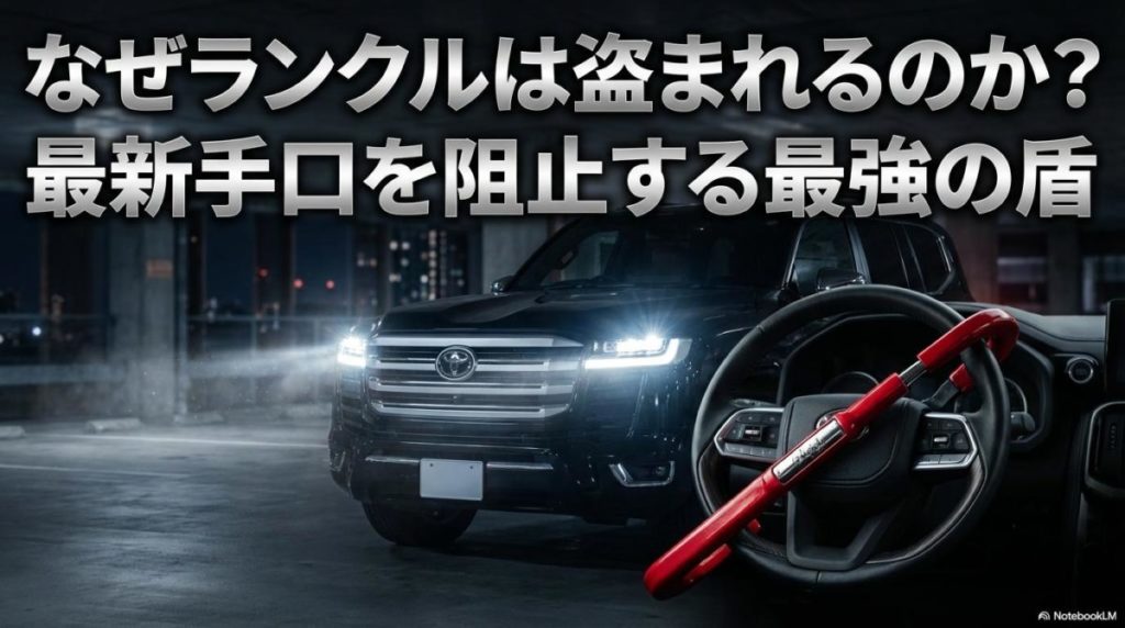 深夜のガレージに停まるランドクルーザー300とハンドルロック。この記事のテーマである「ランクル なぜ 盗まれる」理由と、愛車を守る「最強の盗難対策」を象徴する一枚。