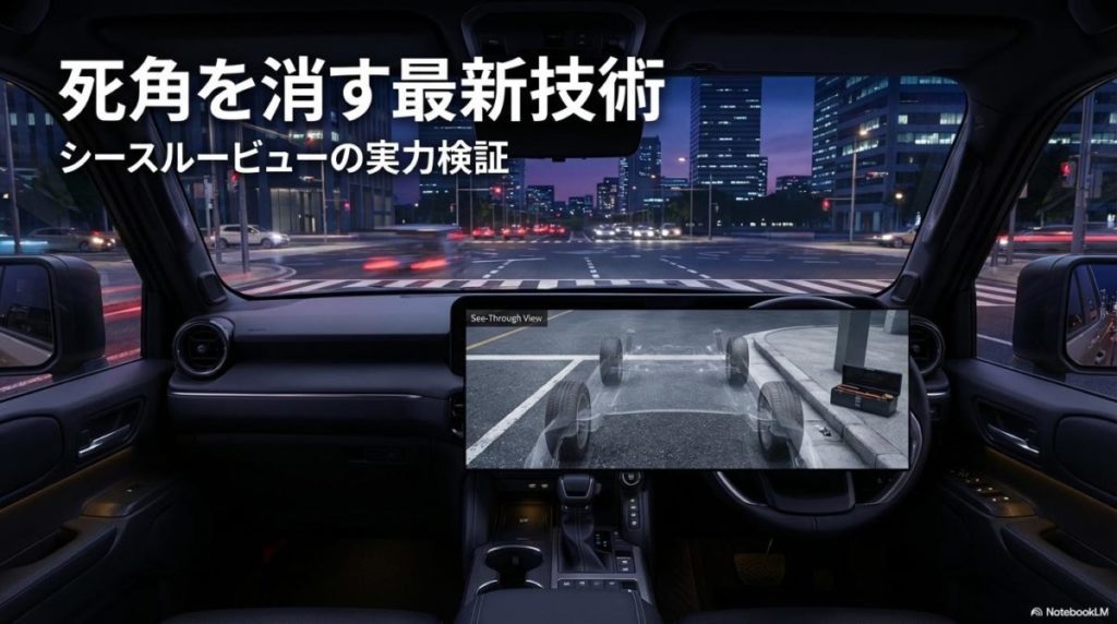 ランクル250のモニターに映し出されたシースルービューのイメージ画像。この記事のテーマである「ランドクルーザー250 視界 シースルービュー」による安全性を象徴する一枚。