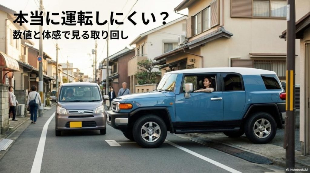 狭い道でもスムーズに走行する新型ランドクルーザーFJ。この記事のテーマである「ランクル FJ サイズ感」と、取り回しの良さを象徴する一枚。