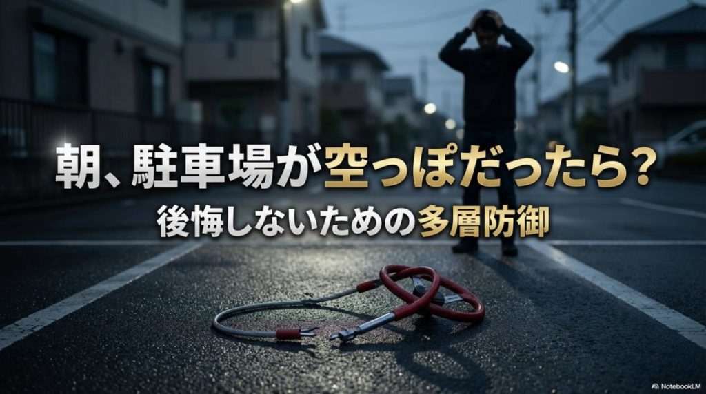 車が消えた駐車場と壊された鍵のイメージ。この記事のテーマである「ランクル 盗まれる 理由」を知り、一晩で相棒を失わないための防犯意識を喚起する一枚。