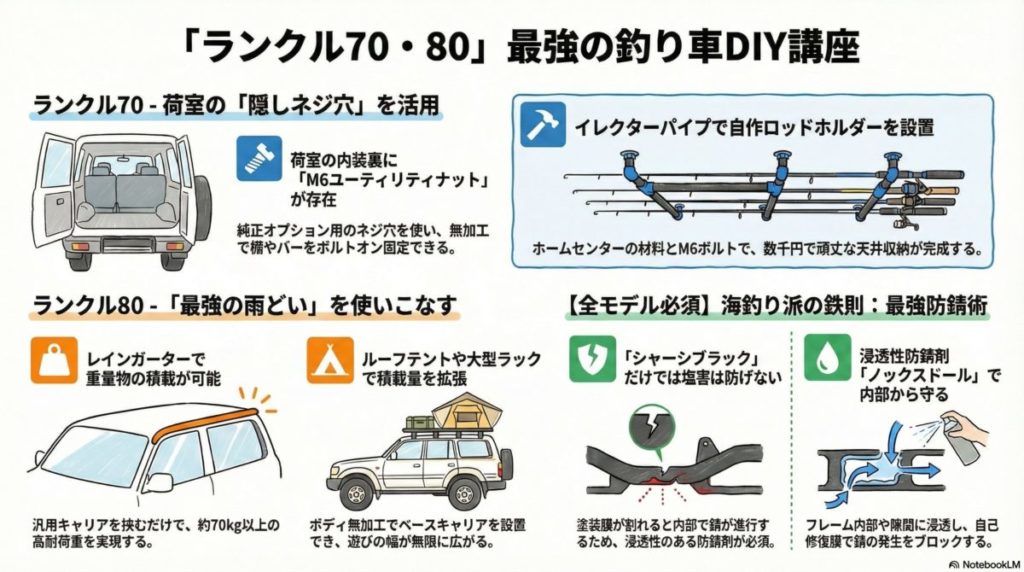 図解『ランクル70・80は最高の釣り車!純正穴とレインガーターを使い倒すDIYカスタム完全ガイド』