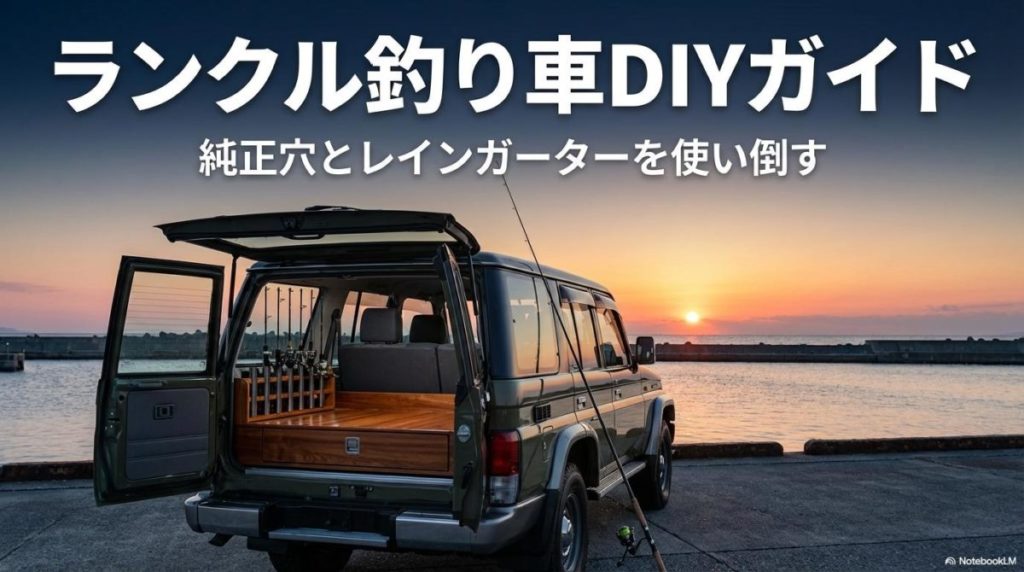 朝焼けの漁港でリアゲートを開けたランドクルーザー70。この記事のテーマである「ランクル 釣り車 DIY」による機能的な荷室カスタムを象徴する一枚。