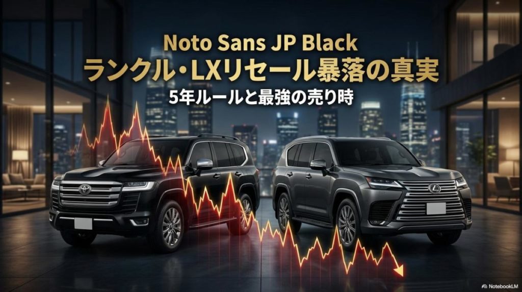ランドクルーザー300とレクサスLX600、さらに相場チャートを組み合わせたイメージ。この記事のテーマである「ランクル 暴落」の真相と「売る タイミング」を象徴する、資産価値を感じさせる一枚。