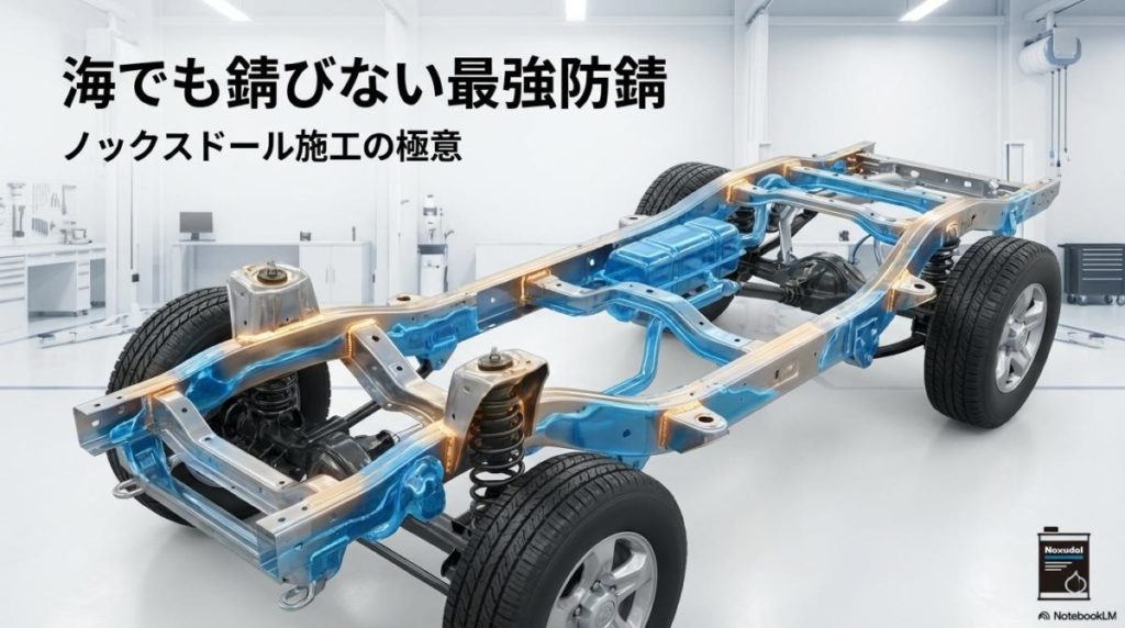 ランクルのフレーム内部への防錆施工をイメージしたテクニカルな画像。この記事のテーマである「ランクル 釣り車 塩害防錆」対策の重要性を象徴する一枚。