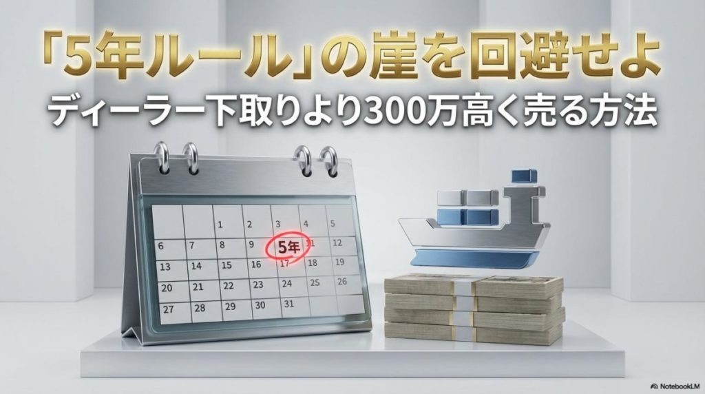 輸出規制（5年ルール）と売却益を可視化したインフォグラフィック。この記事のテーマである「ランクル 売る タイミング」のデッドラインと、高価買取の秘訣を解説する一枚。