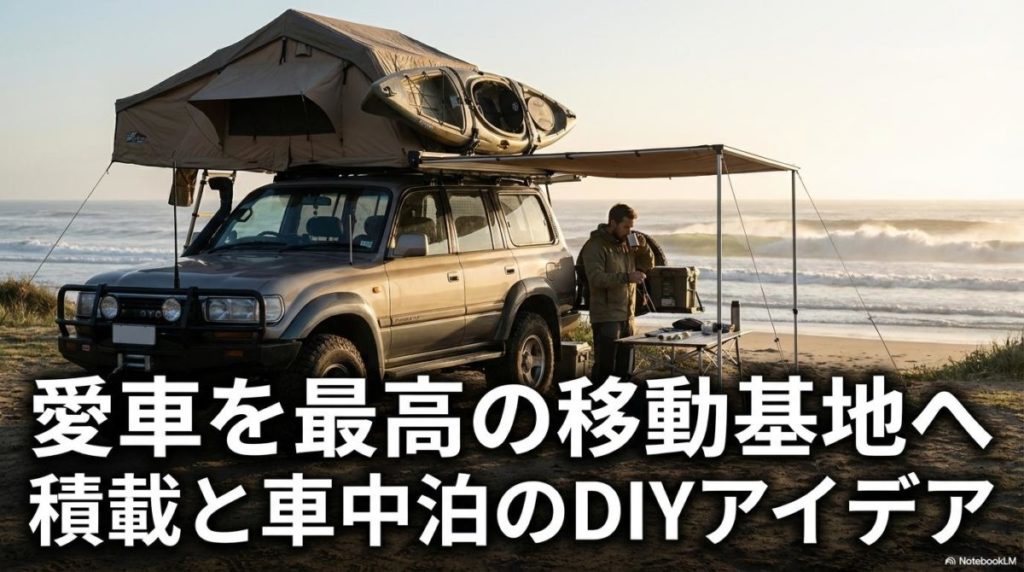 海辺でルーフテントを展開したランドクルーザー80。この記事のテーマである「ランクル80 DIY 車中泊」と積載術による自由なライフスタイルを象徴する一枚。