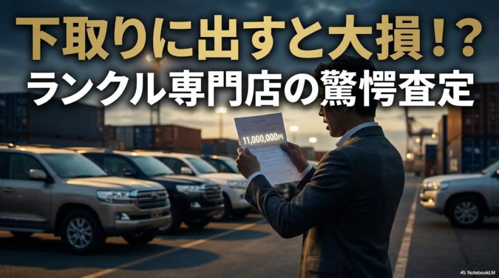 高額な査定結果と輸出待ちの車両。この記事のテーマである「ランクル リセール 暴落」の噂を覆す、専門店の高価買取の実態を象徴する一枚。