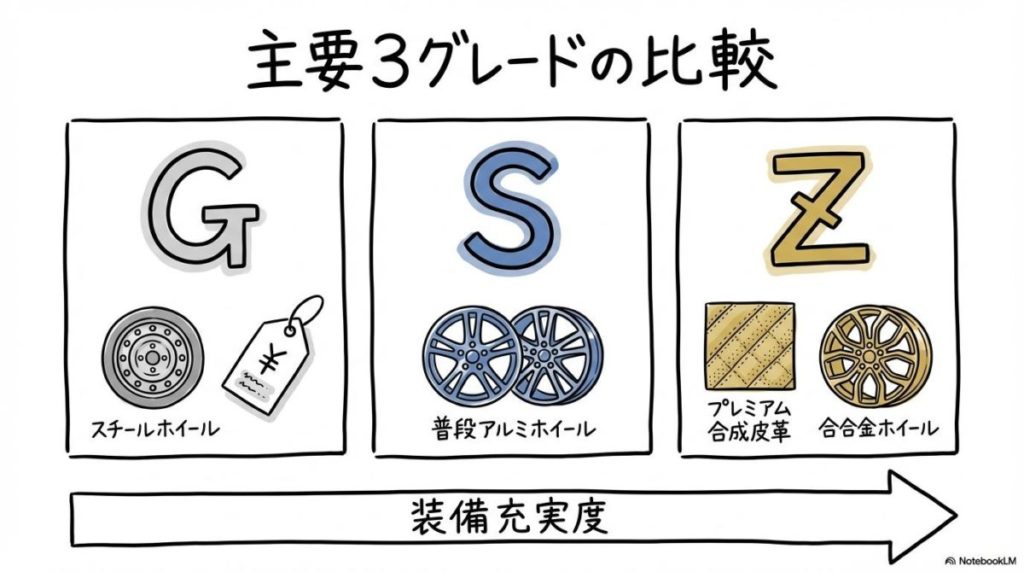 カローラクロスのG・S・Zグレードの比較図解。価格と装備のグレードアップを、カード型レイアウトで表現した画像。