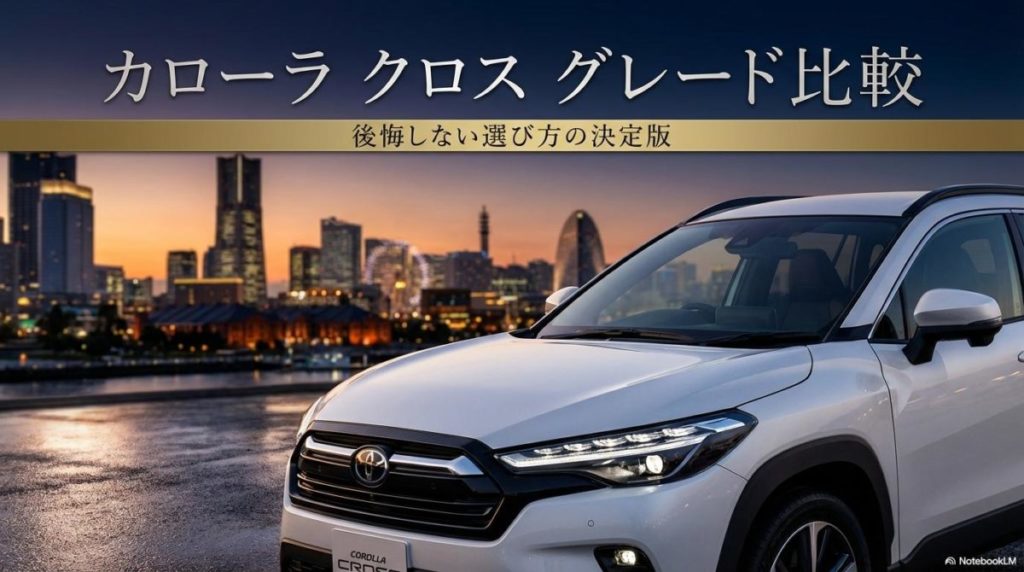 都会の夕暮れを背景にした白いカローラクロスの最上位グレードZ。この記事のテーマである「カローラ クロス グレード 比較」を象徴する、高級感と信頼感のある一枚。