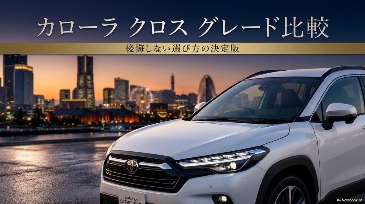 都会の夕暮れを背景にした白いカローラクロスの最上位グレードZ。この記事のテーマである「カローラ クロス グレード 比較」を象徴する、高級感と信頼感のある一枚。