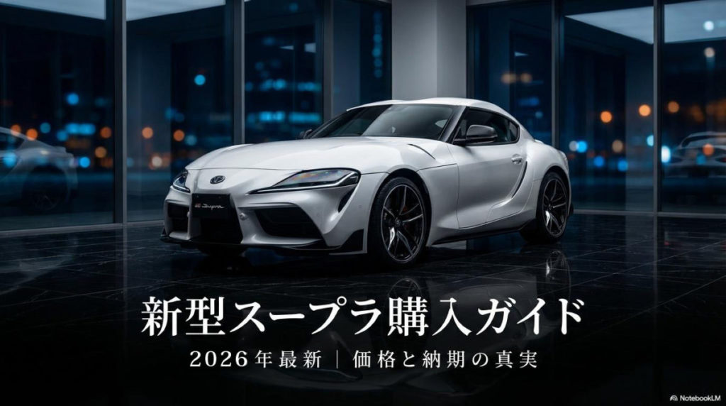 夜のモダンなショールームに展示された2025年最新モデルのGRスープラ。この記事のテーマである「新型スープラのグレード別価格と納期」を象徴する、高級感あふれる一枚。