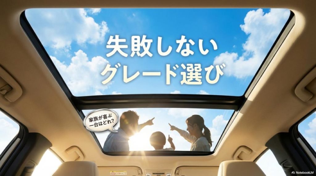 カローラクロスのパノラマルーフ越しに広がる青空を楽しむ家族。この記事のテーマである「カローラ クロス グレード 比較」において、家族の満足度を象徴する温かい一枚。