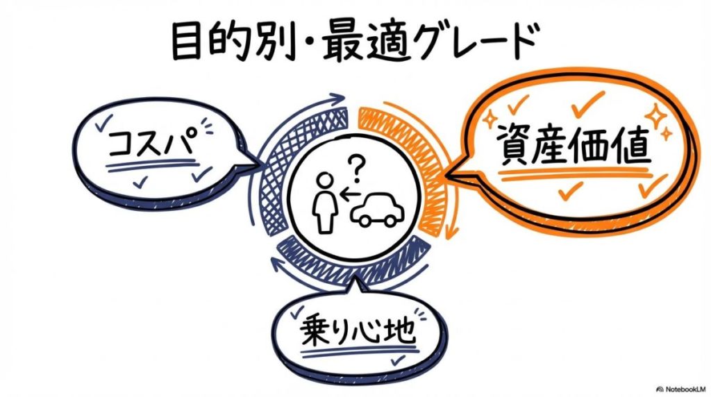 カローラクロスのグレード選びの結論図解。ユーザーの目的に合わせて最適なグレードを提示するセンター配置の画像。