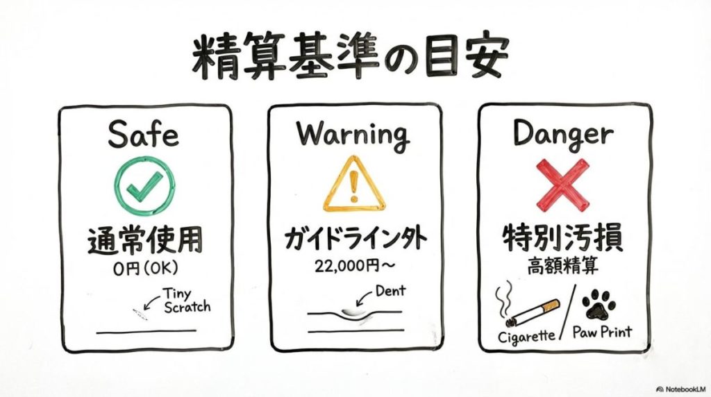 KINTO返却時の精算基準の図解。傷や汚れの程度に応じた費用の目安をカード型で整理した画像。