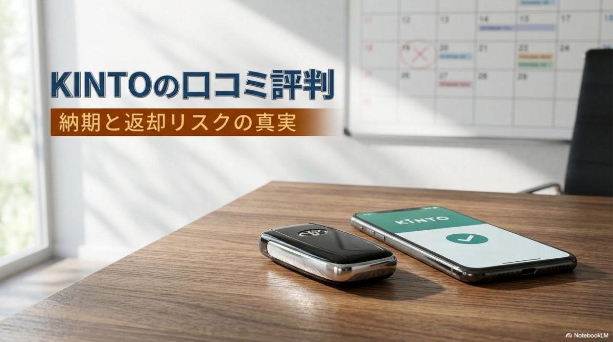 KINTOのロゴが表示されたスマートフォンとカローラクロスの鍵。この記事のテーマである「カローラクロス KINTO 口コミ」を象徴する、信頼感のある理知的な一枚。