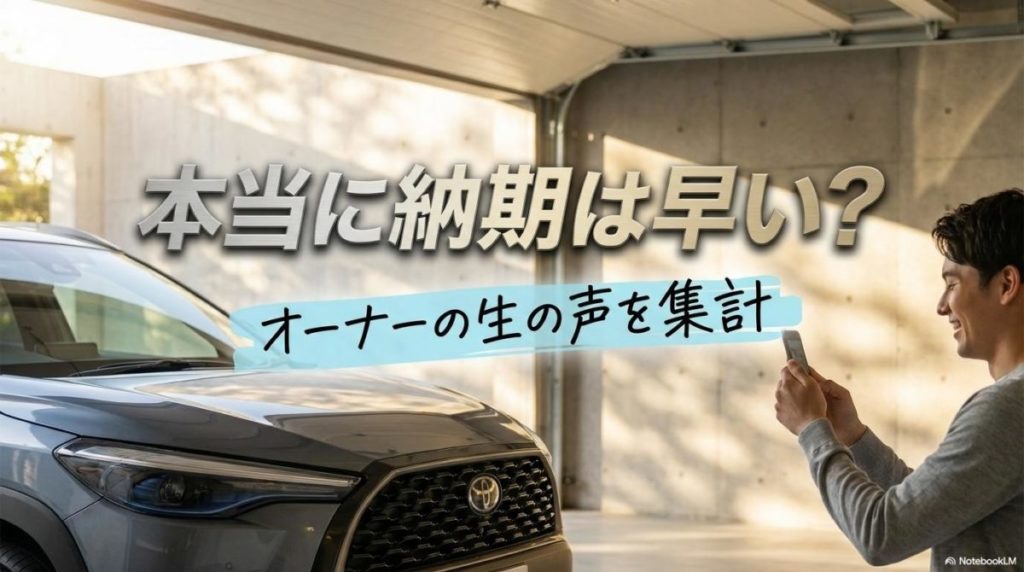 納車されたカローラクロスを前に喜ぶオーナー。この記事のテーマである「カローラクロス KINTO 口コミ」において、納期短縮のメリットを象徴する明るい一枚。