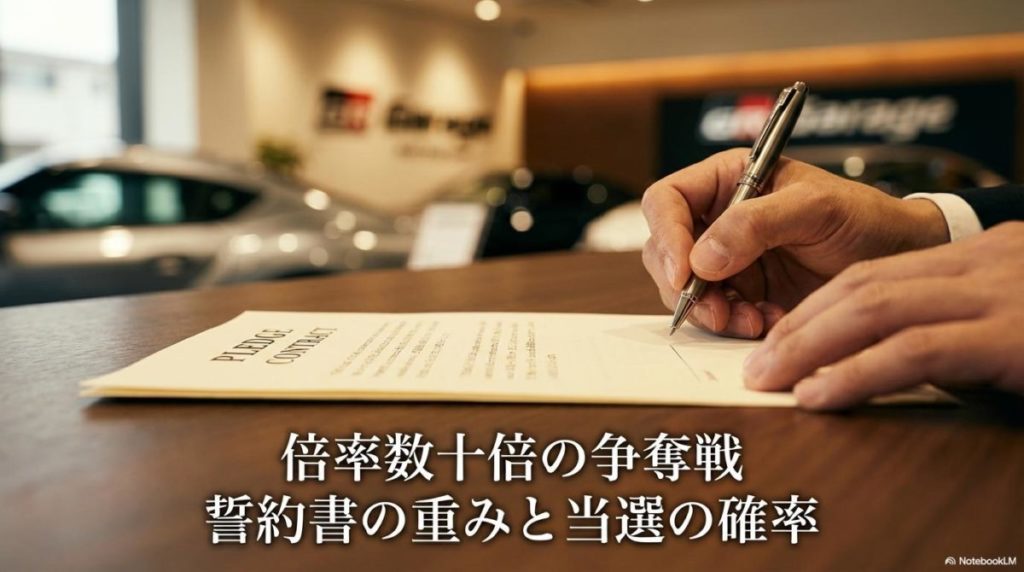 GR Garageで誓約書にサインしようとする手元のクローズアップ。この記事のテーマである「スープラ ファイナルエディション 抽選」に伴う緊張感とオーナーの覚悟を表現した一枚。