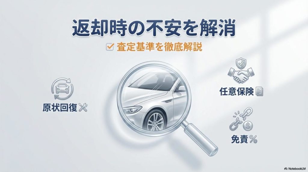 車の査定チェックをイメージした図解風の画像。この記事のテーマである「カローラクロス KINTO 口コミ」において、返却リスクへの不安を解消することを象徴する一枚。