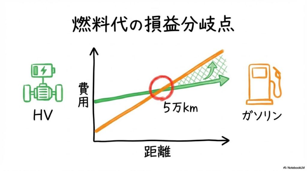 ハイブリッドとガソリンの燃費損益分岐点の図解。走行距離によるコストメリットの逆転を、VS図で表現した画像。