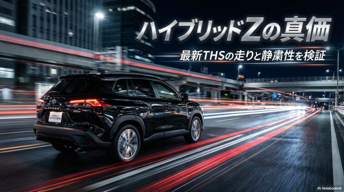 夜の都市高速をスムーズに走る黒いカローラクロス ハイブリッドZ。この記事のテーマである「カローラクロス ハイブリッドZ 評判」を象徴する、上質で躍動感のある一枚。