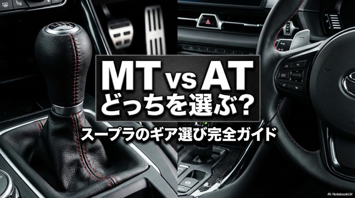 スープラのMTシフトノブとATパドルシフトの対比画像。この記事のテーマである「スープラのギア選び」における、6速MTと8速ATの操作感の比較を象徴する一枚。
