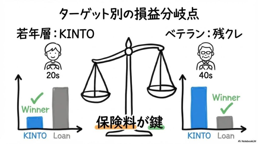 年齢と保険等級によるKINTO・残クレの支払額逆転図解。属性によってどちらがお得かが変わる様子を視覚化した画像。