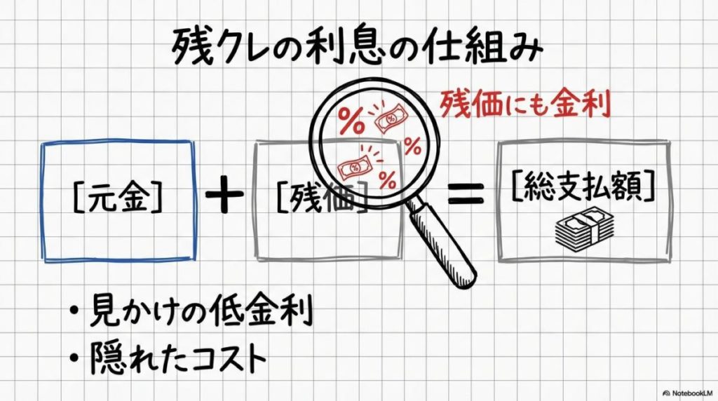残クレの利息計算の仕組みを示す数式図解。据え置いた残価に対しても金利がかかり続ける構造を表現した画像。