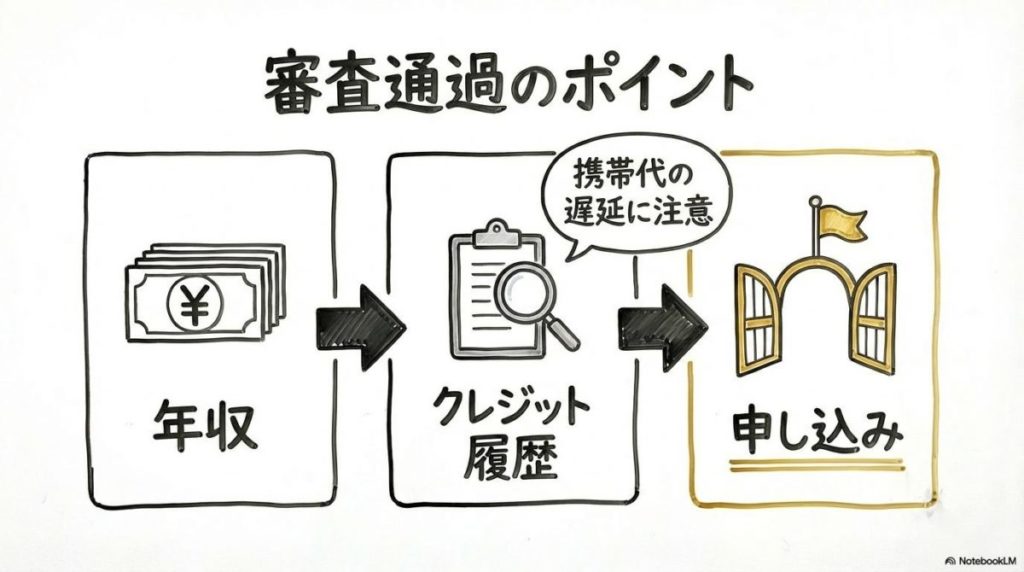 KINTOの審査通過ポイントの図解。年収や信用情報の重要性をステップ形式で表現した画像。