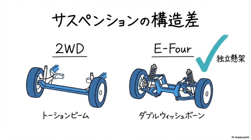 2WDとE-Fourのサスペンション構造の比較図解。乗り心地の違いを、サスペンションの仕組みから解説するVS図の画像。