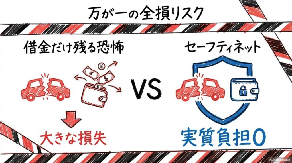 全損事故時のKINTOと残クレの負担差の図解。中途解約金免除特約による安心感をVS図で表現した画像。